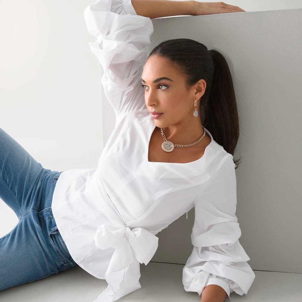 Statement-Sleeve Poplin Blouse